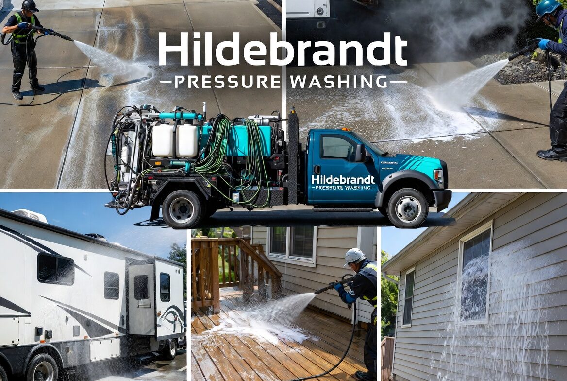 Hildebrandt Pressure Washing — service truck and project photos: driveway, RV, deck and house siding cleaning